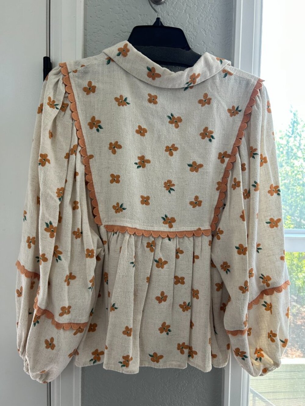 BIB Floral Prairie Babydoll Blouse Peter Pan Collar Puff Sleeve M - Picture 5 of 5